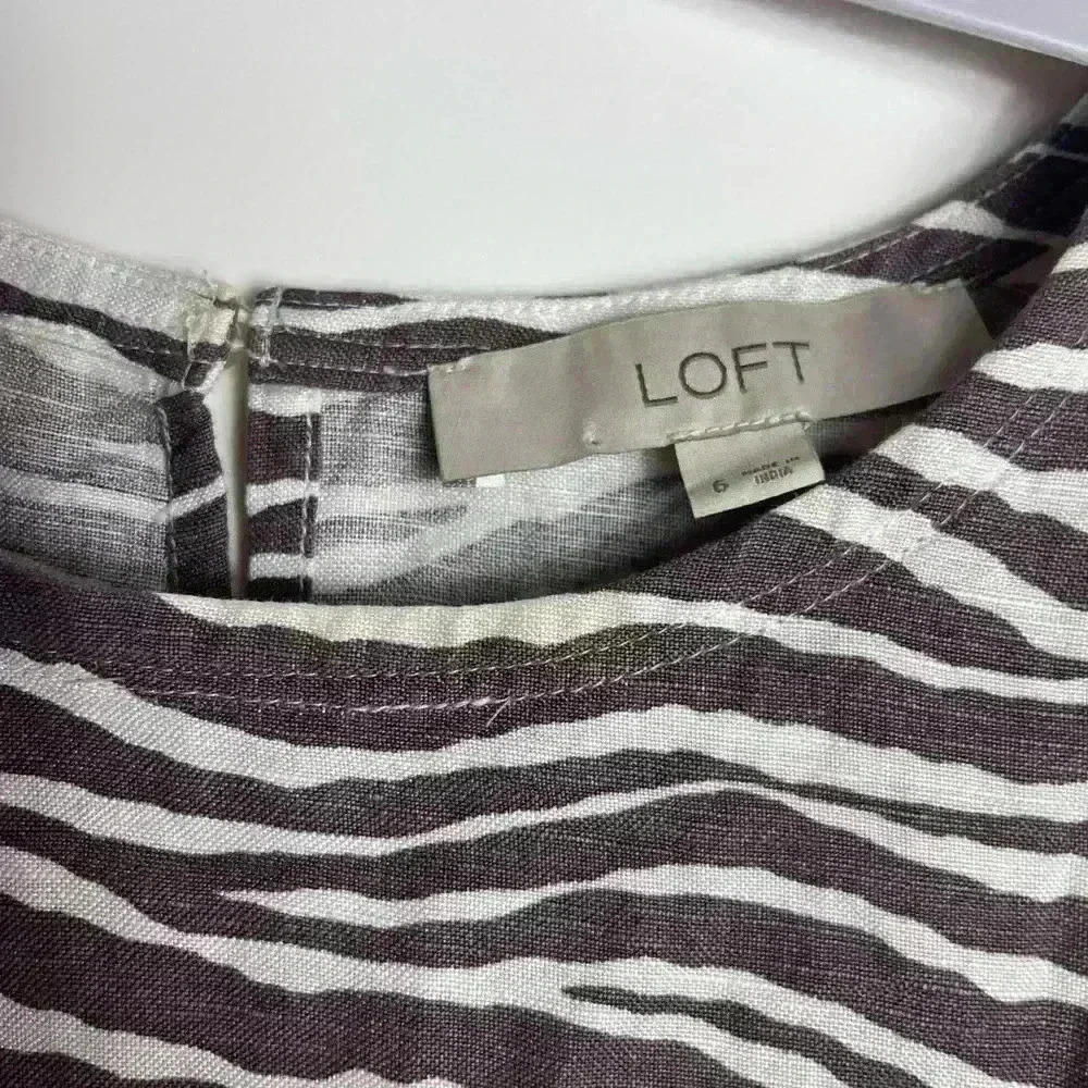 LOFT Zebra Brown White Sleeveless Pocket Linen Keyhole Shift Dress Women’s 6 - Picture 3 of 8